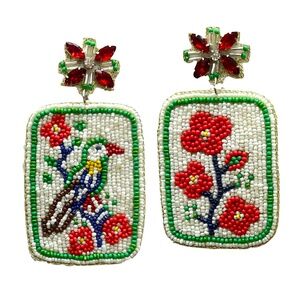 Beaded Floral & Bird Drop Earrings - Red, Green, White